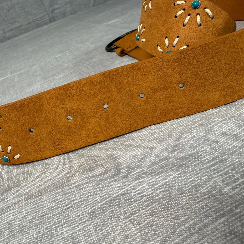 Brown Floral Embossed Leather Belt Faux Turquoise Accents Brass Buckle Women's - Image 13