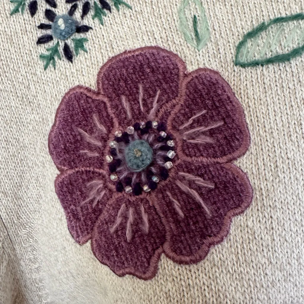 Vintage‎ Floral Embroidered Mock Neck Sweater beaded beige teacher 1X Purple - Image 9