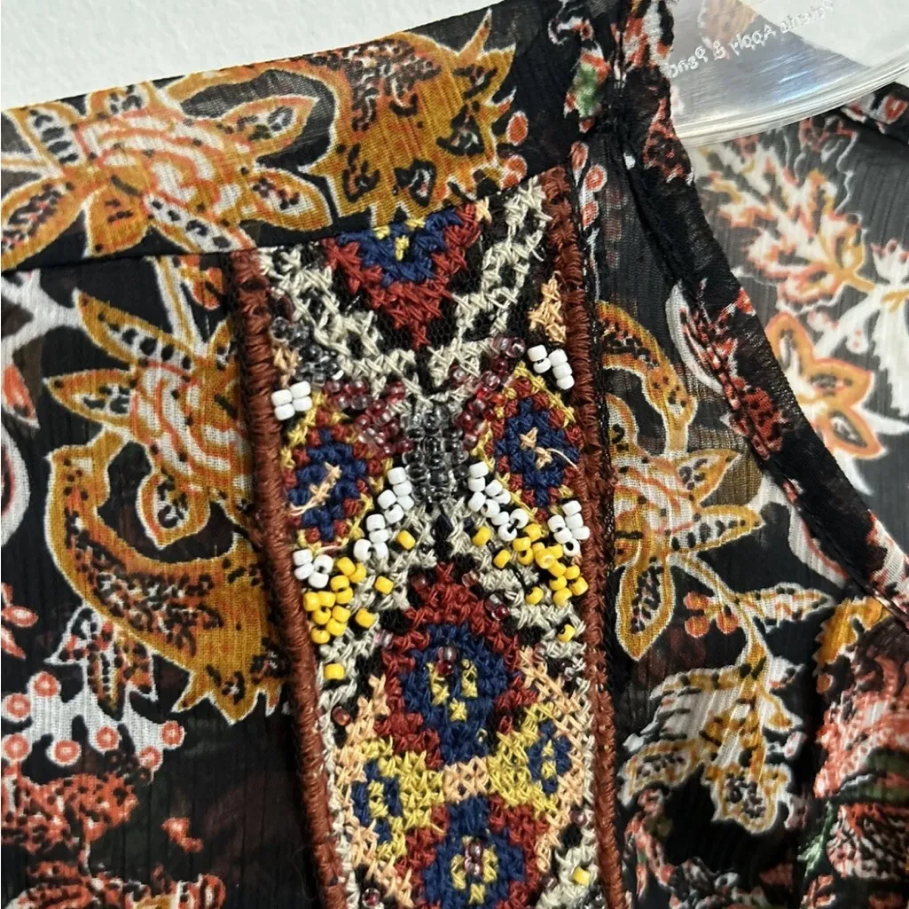 Zara Chiffon Floral Semi Sheer Beaded Embellished Pleated Keyhole Top Medium - Image 14