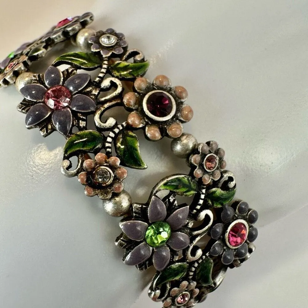 Pink and purple floral rhinestone wide stretchy bracelet - Image 3