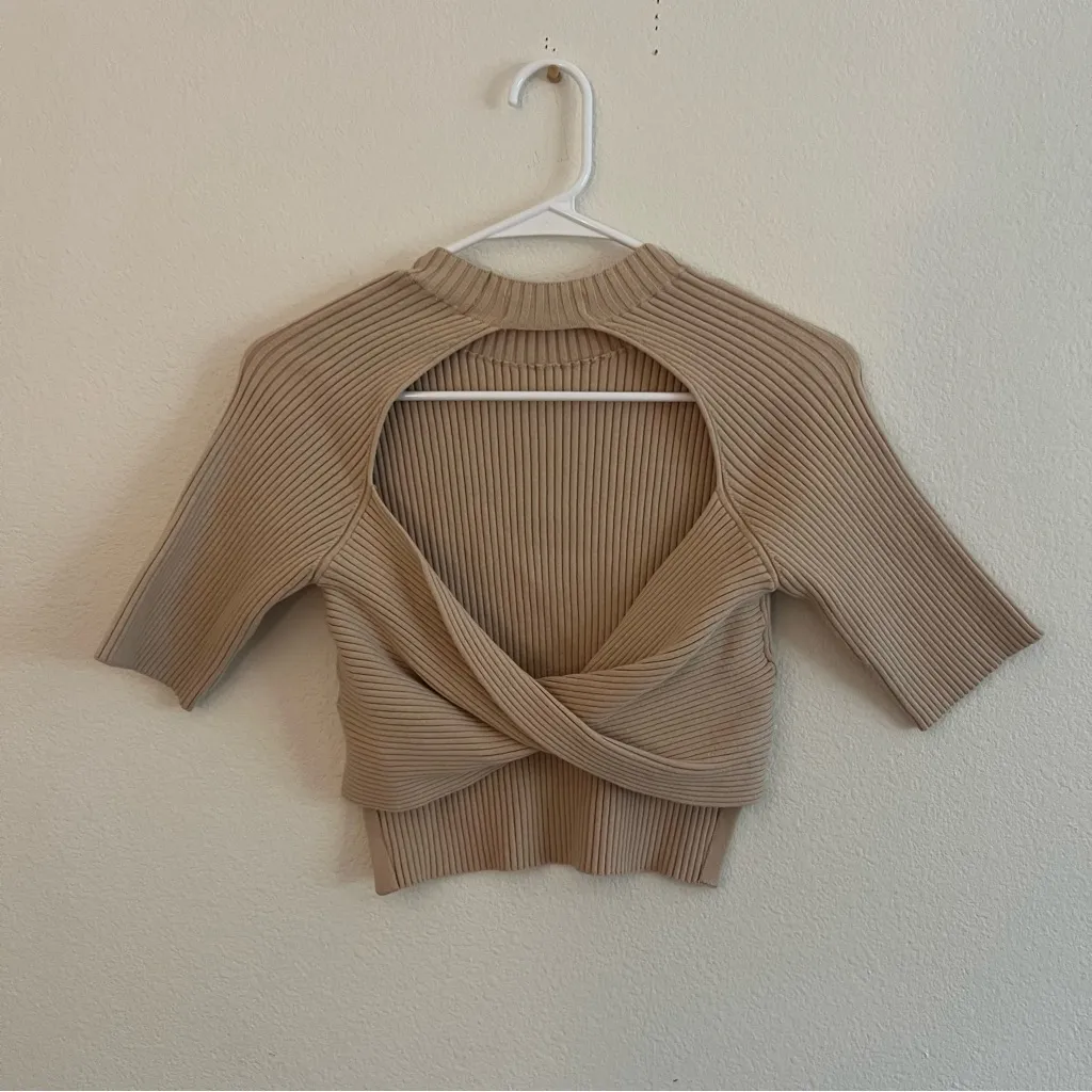 NAADAM Twist Back Ribbed Sweater Neutral Beige Cropped Tan - Image 8