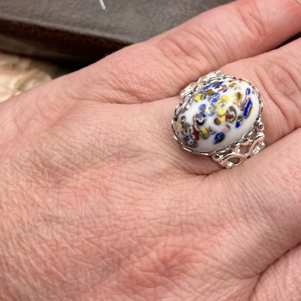 Vintage 1970s Colorful White Millefiori Cabochon Boho Style Stainless Steel Ring - Image 8