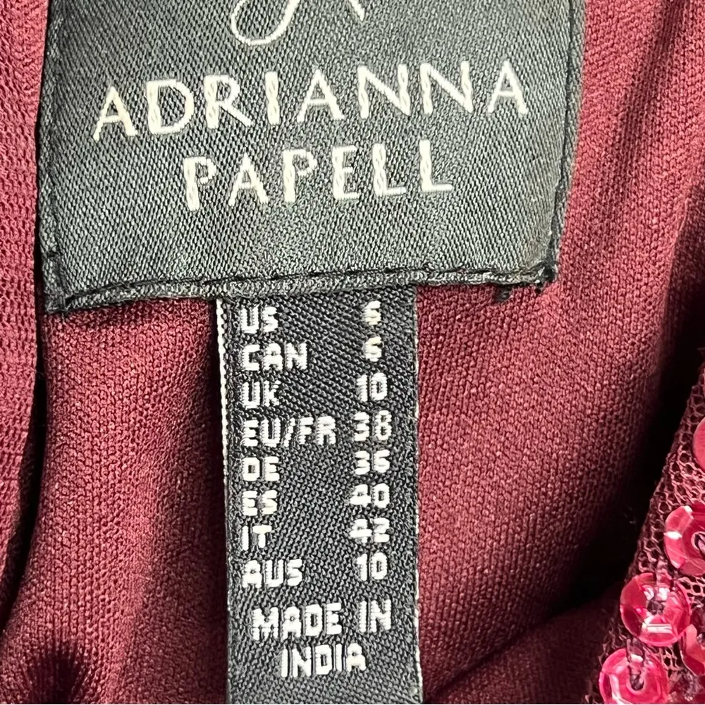 Adrianna Papell size 6 Wine Tulle Maxi Dress sequined top long gown short sleeve - Image 2