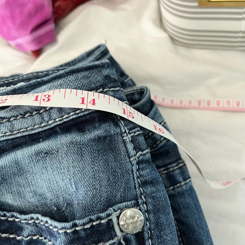 Miss Me Dark Wash Mid Rise Easy Straight Fleur De Lis Back Pocket Design Siz 26 - Image 10