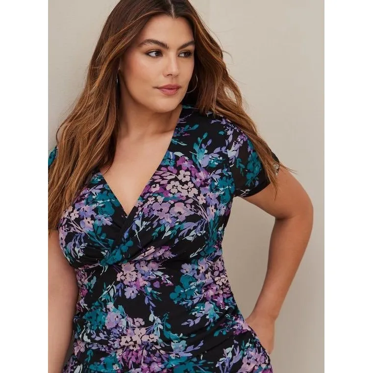 NWT Torrid Stretch Mesh Surplice Neckline‎ Shirred Top Sz 2X Black Floral Trendy - Image 5