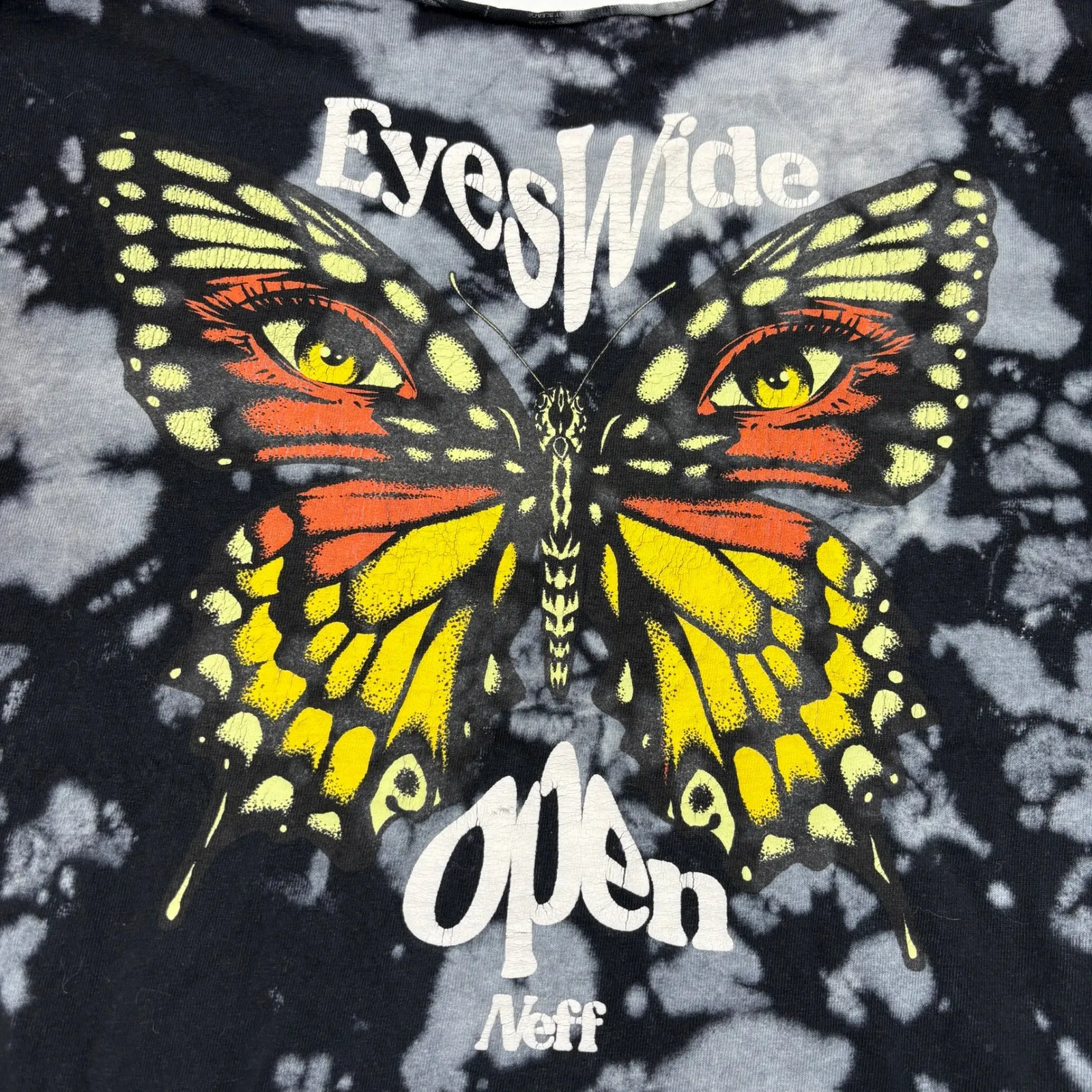 Neff Eyes Wide Open Tie Dye Butterfly T Shirt Grunge Festival Distressed S Black - Image 2