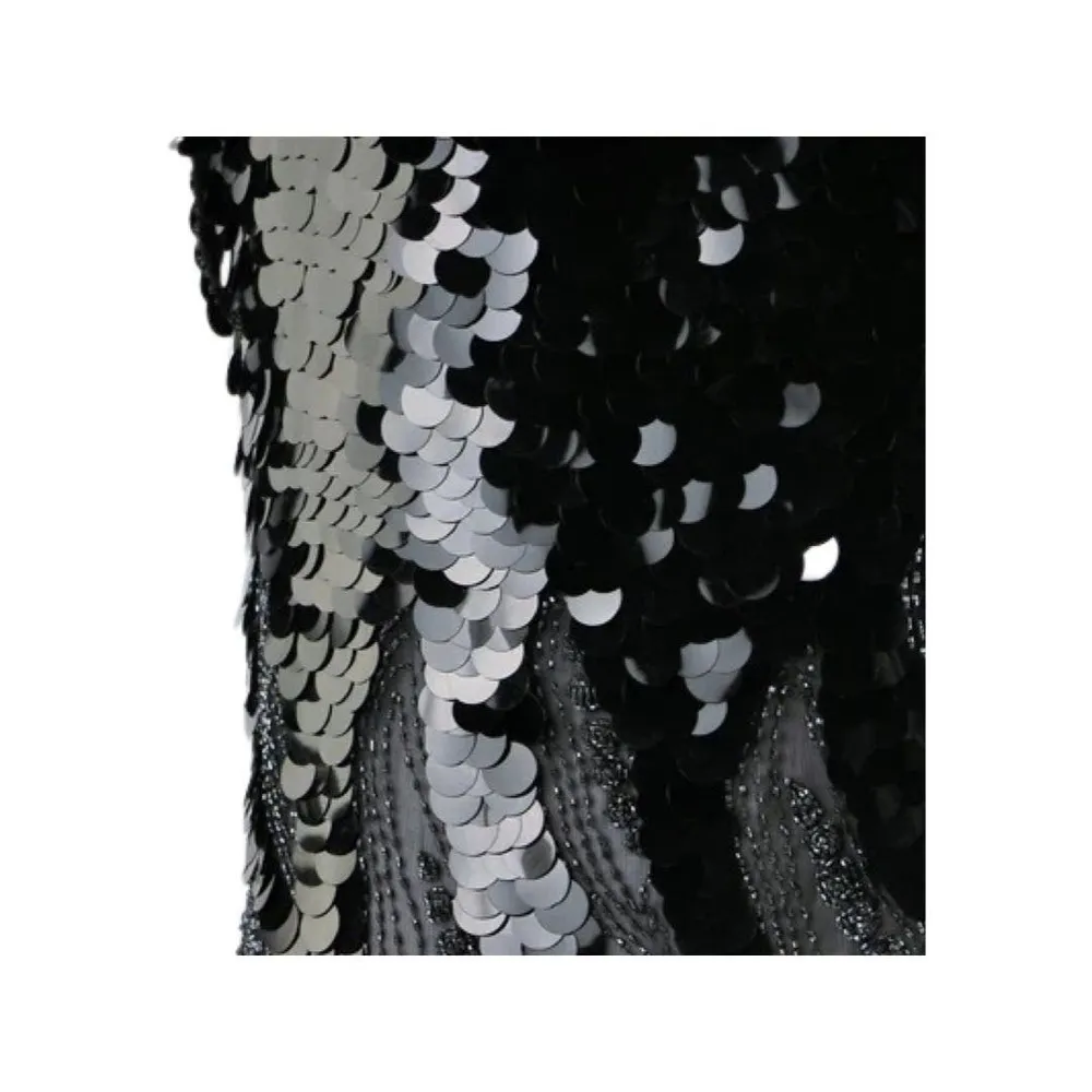 Vintage Black Silk Top with Beading, Large Sequin Discs Size Large - Image 4