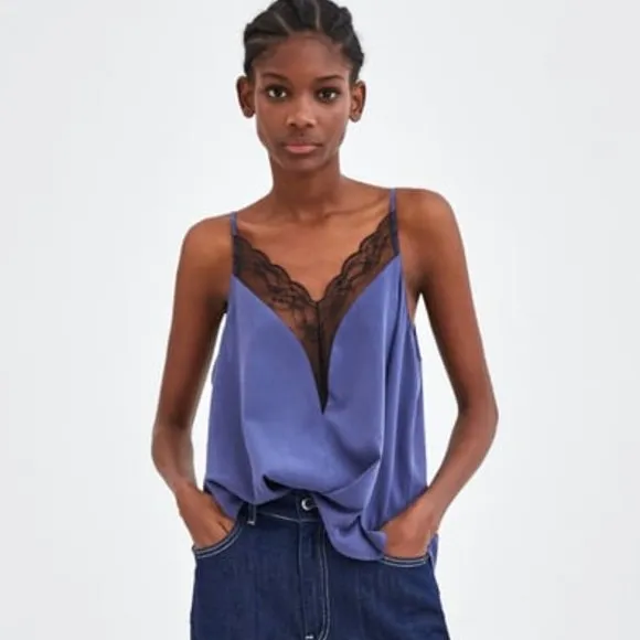 ZARA | Navy Blue Lace Lingerie Style Tank Top Sz L - Image 2