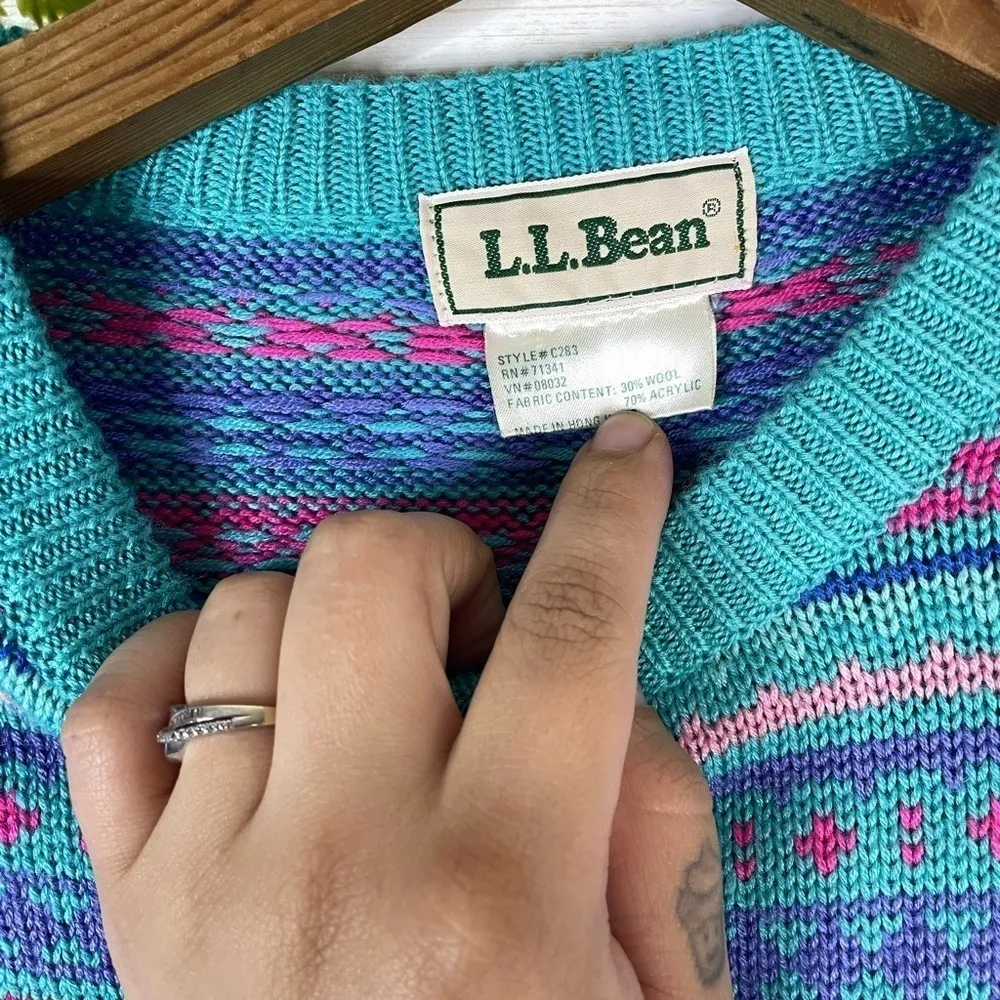 Vintage L.L Bean Turquoise Pink Wool Blend Blue Size M - Image 4