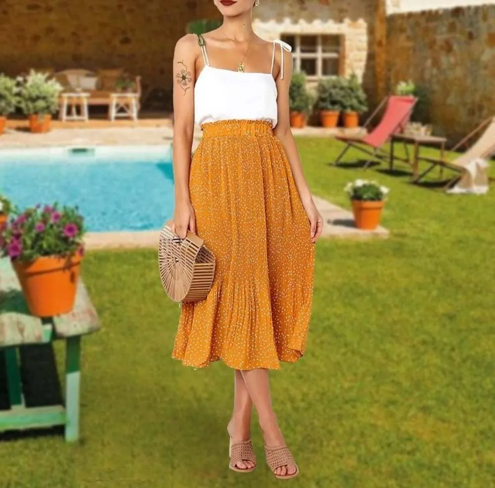 EXLURA Women's High Waist Mustard Yellow Polka Dot Pleated Midi Skirt w Pockets - Image 2