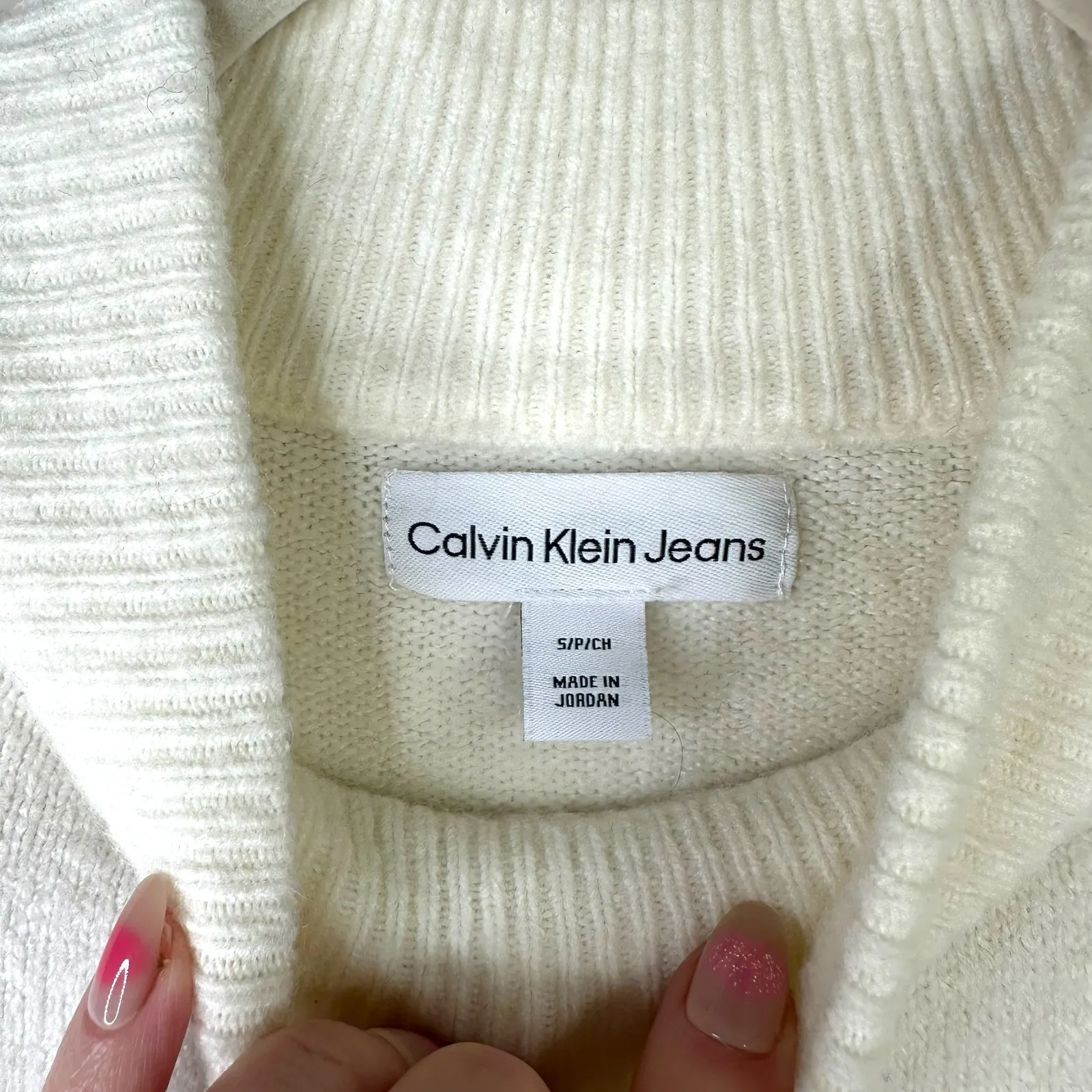 Calvin Klein Jeans Cream Ribbed Oversized Mock Neck Wide Sleeves Sweater Small - Image 4
