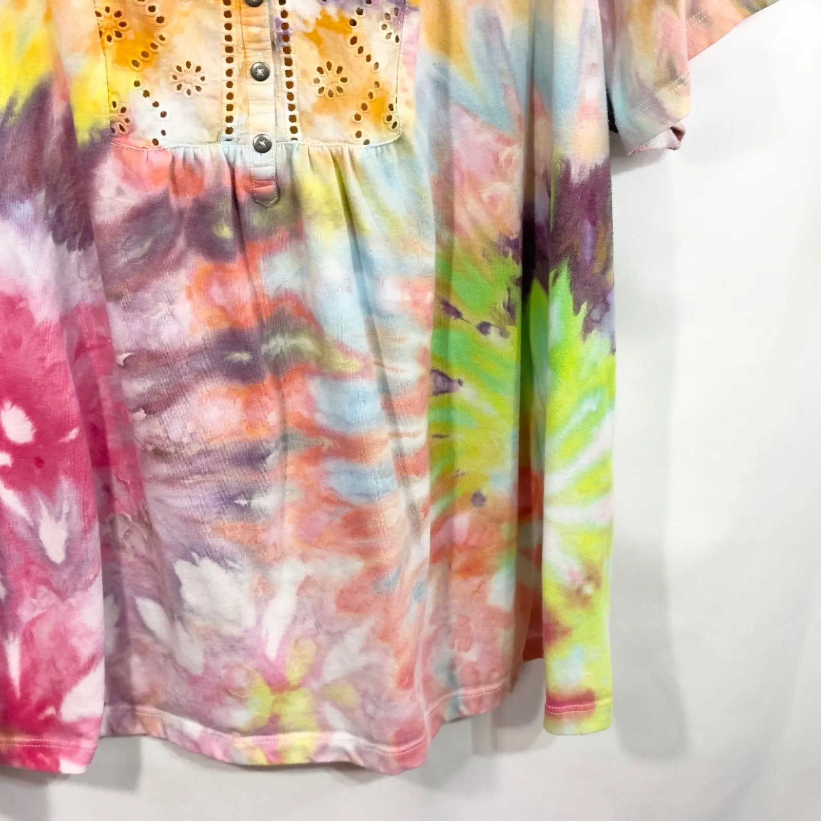 Woman Within Plus Size 22W 24W Top 1X Handmade Tie Dye Eyelet Short Sleeve 720 - Image 8