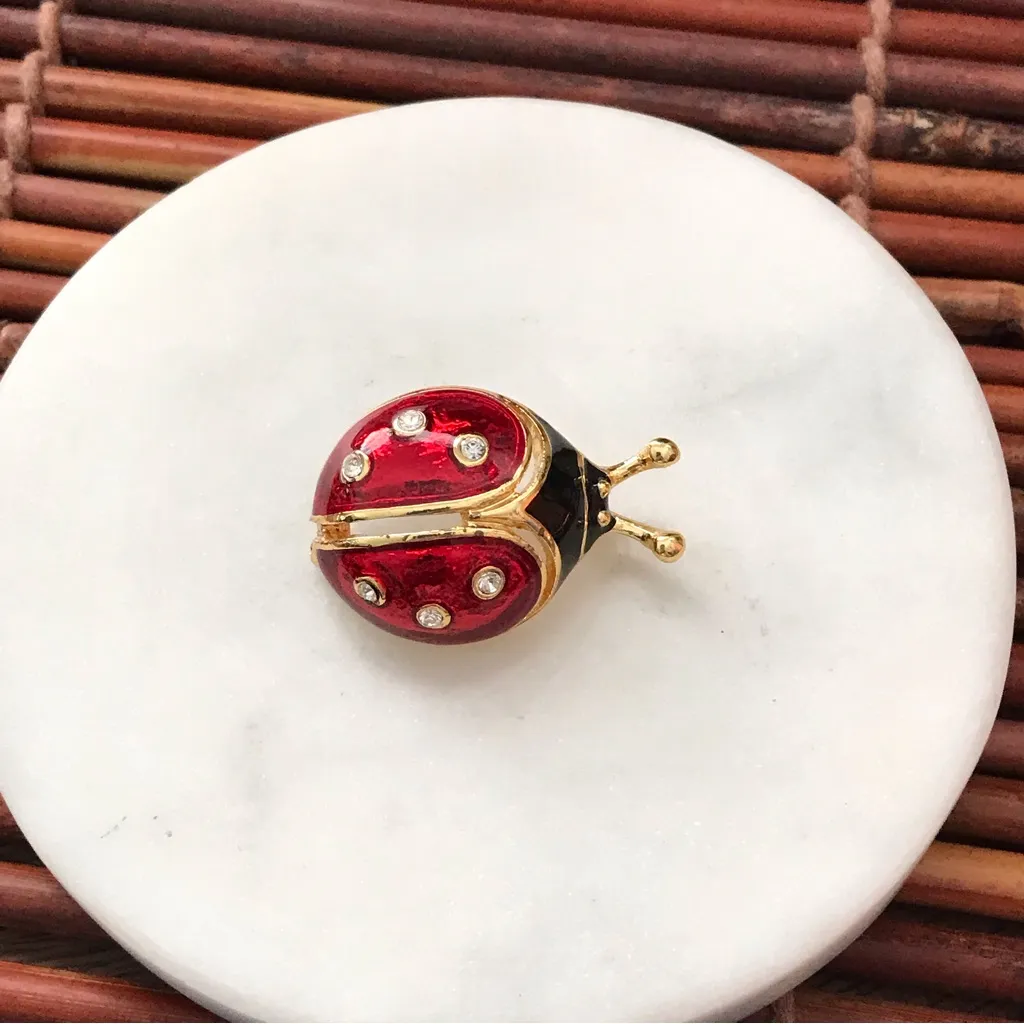 Enameled Lady Bug Brooch Pin Red and black with Rhinestones. Gold tone - Image 5