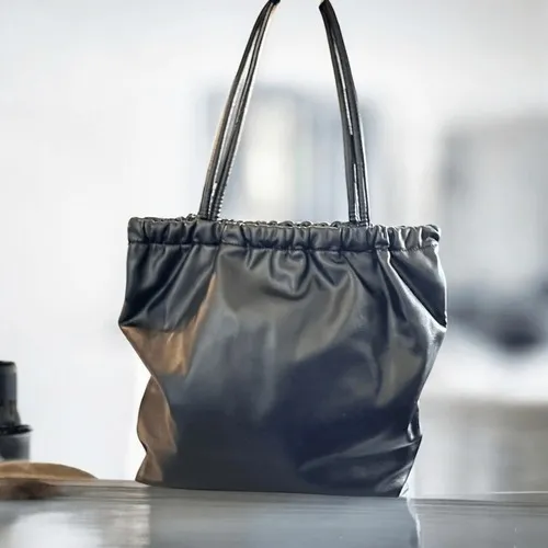 A New Day Black Faux Leather Gathered Tote Bag - Image 2