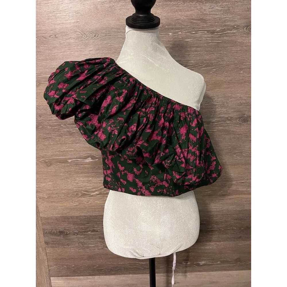 Sika Cropped Top One Shoulder Floral Fuchsia Ruffled African Anthropologie Sz 6 - Image 8