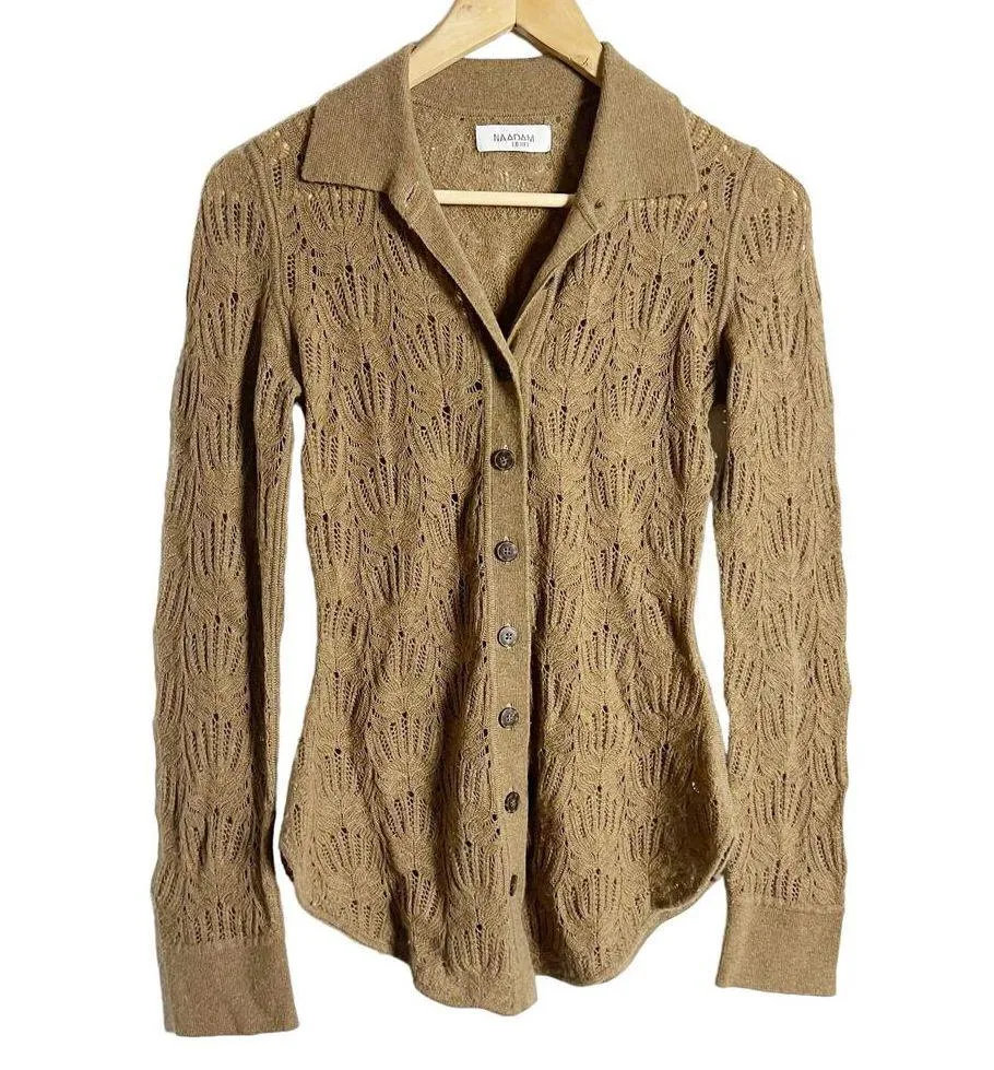 Naadam Brown Pointelle Wool Cashmere Knit Button Down Sweater Top Size S - Image 5