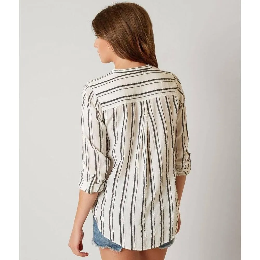 Lucky Brand Buttons Henley Top Shirt Black Striped Roll Tab Sleeve Womens NEW - Image 9