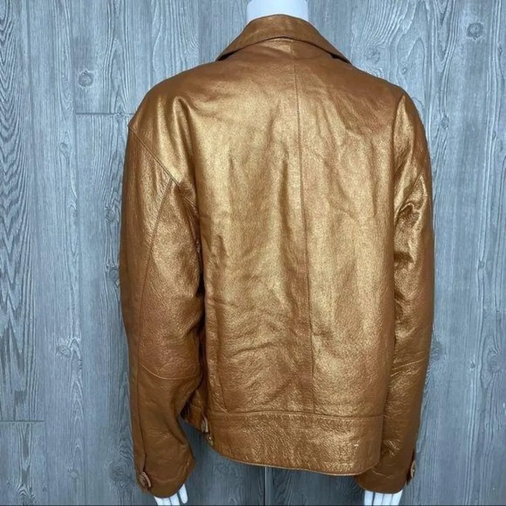 Vintage braefair leather metallic gold genuine leather button front jacket LG - Image 5