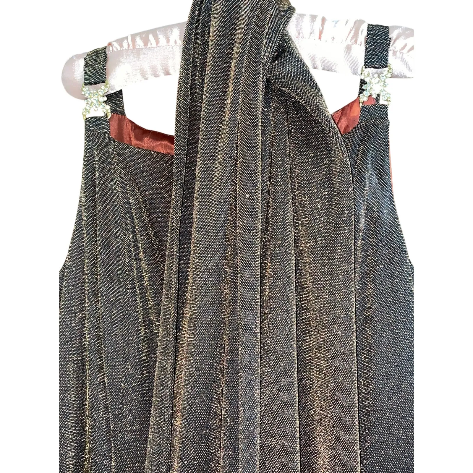 Cache Vintage Bronze Sparkle Square Neckline Party Dress w Scarf 3/4 - Image 6