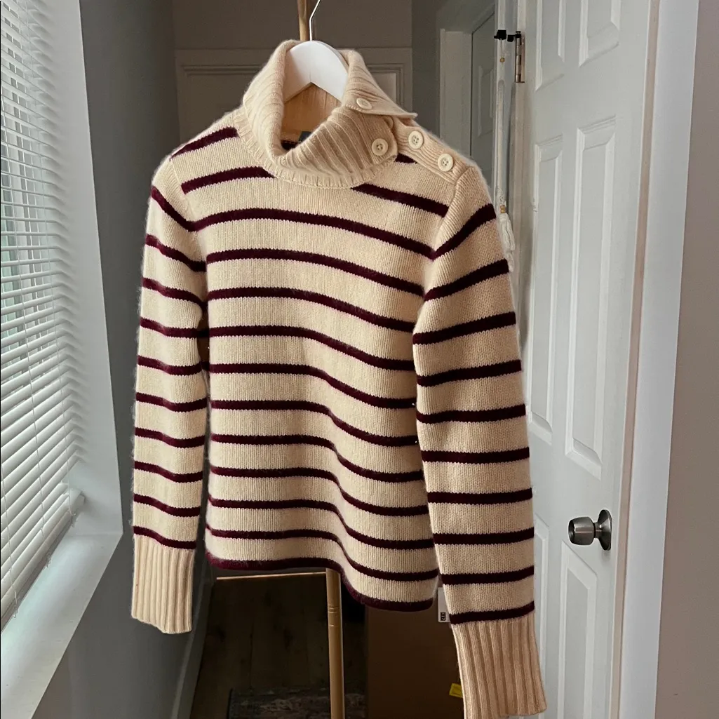 WHITE + WARREN 100% Cashmere Button Roll Neck Jumper Sweater Cream Red Stripe M Size M - Image 2