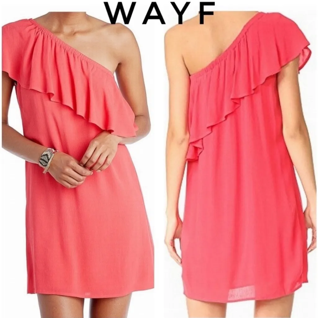 WAYF One Shoulder Asymmetrical Ruffled Mini Dress in Coral Pink Size XS NWT - Image 2