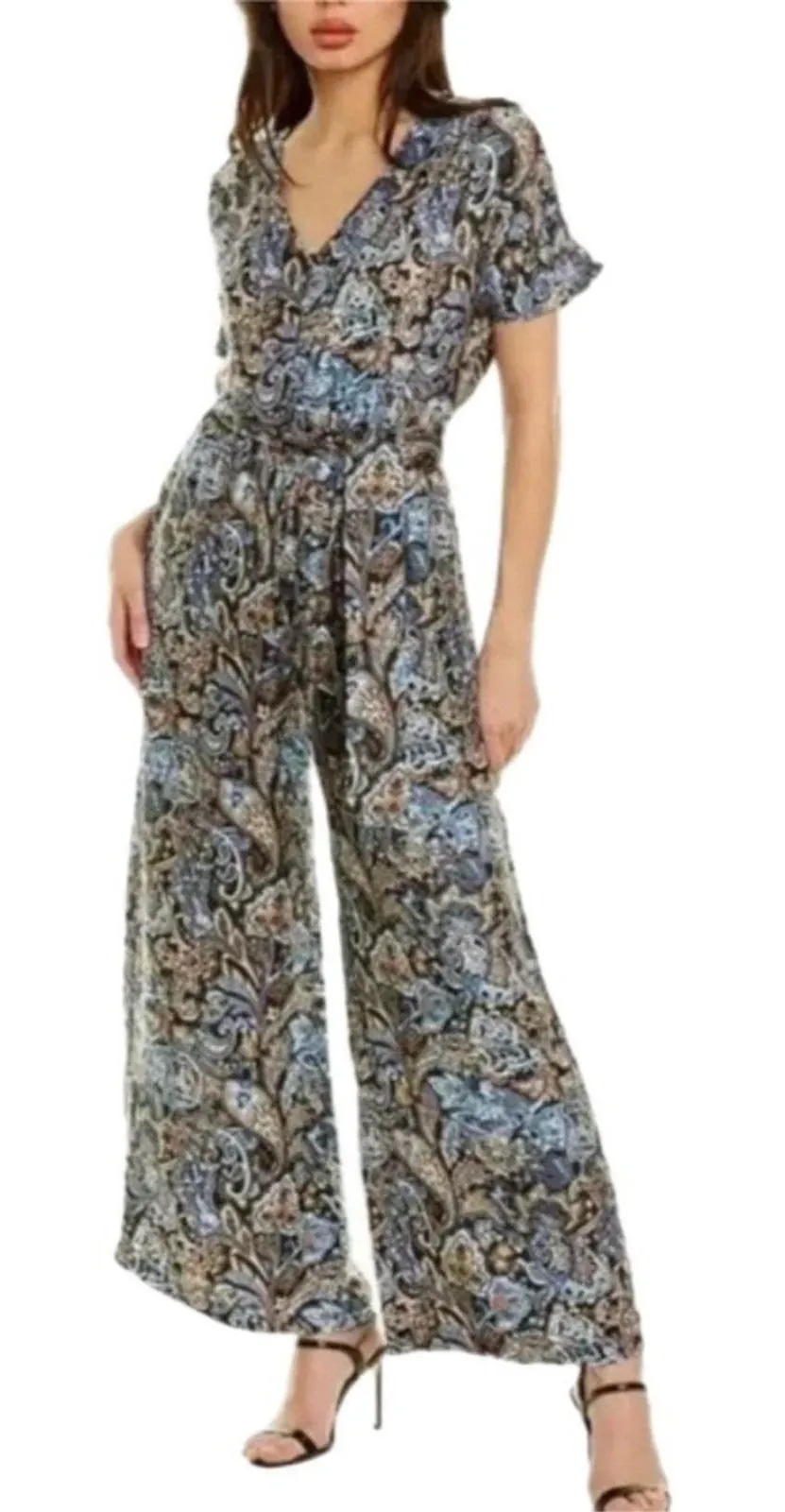 J McLaughlin Marea Wide Leg Jumpsuit Black Blue Paisley Print Silk Size Medium - Image 1