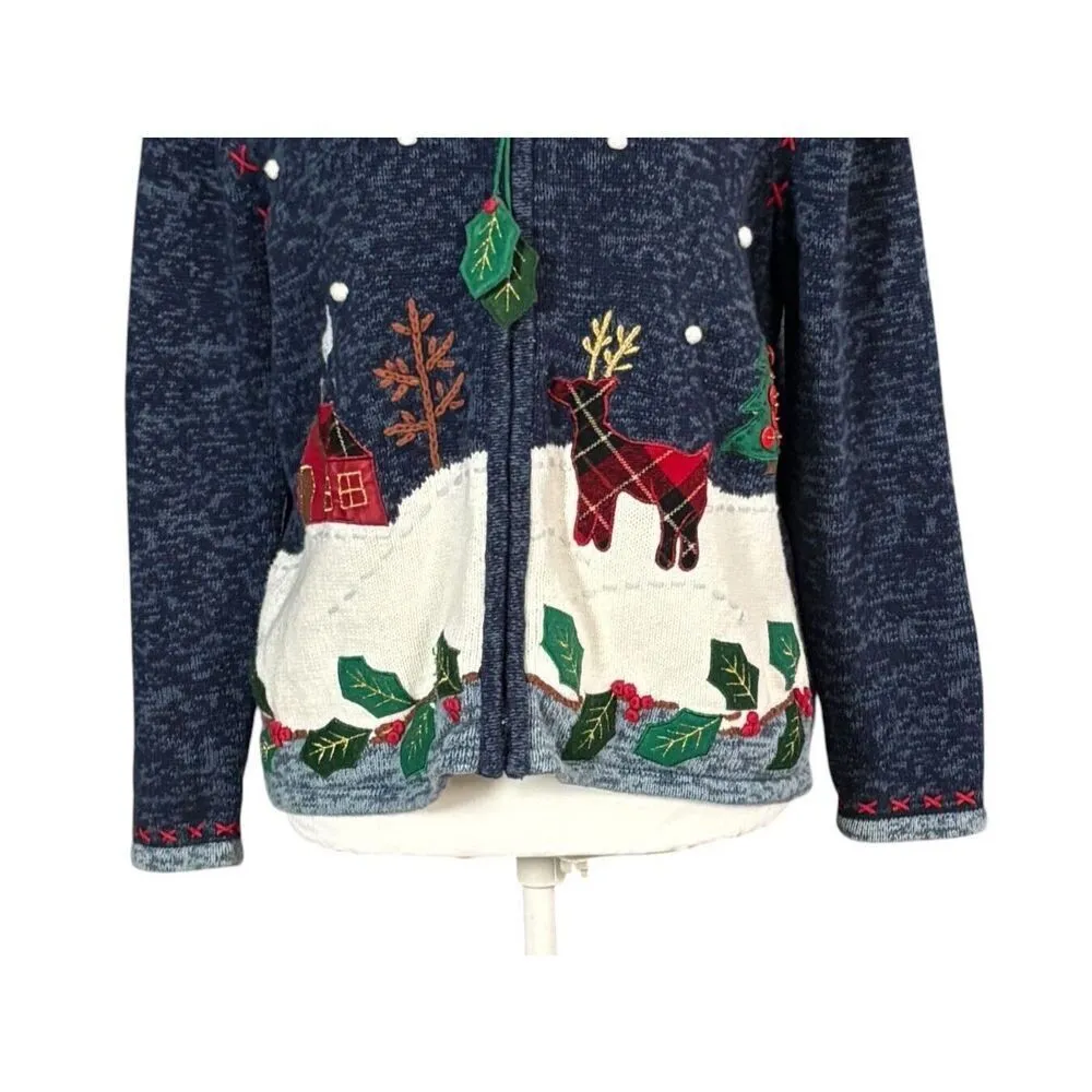Ugly Christmas Sweater Zip Cardigan Size Medium Blue Reindeer Snow Fun Novelty - Image 4