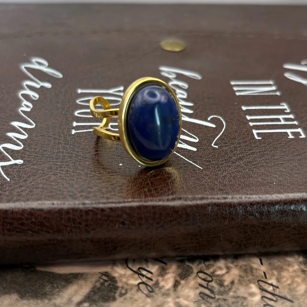 Blue Lapis Gemstone Ring • Gold Adjustable • Handmade Boho Vintage Style - Image 9