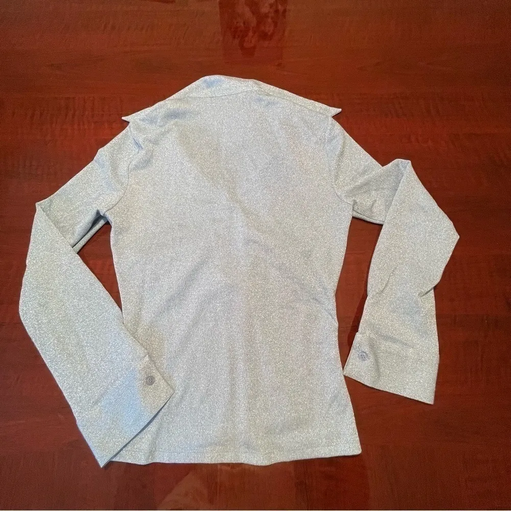 ZARA Sparkle Ruched Button Front Cutout Long Sleeve Blouse Top Light Blue Sz S - Image 12