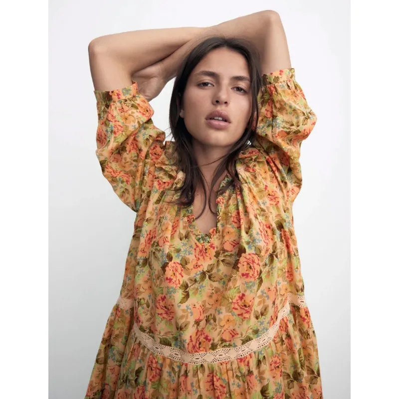 NWT Zara Floral Print V-Neck Ruffle Sleeve Babydoll Mini Dress Size Medium - Image 3