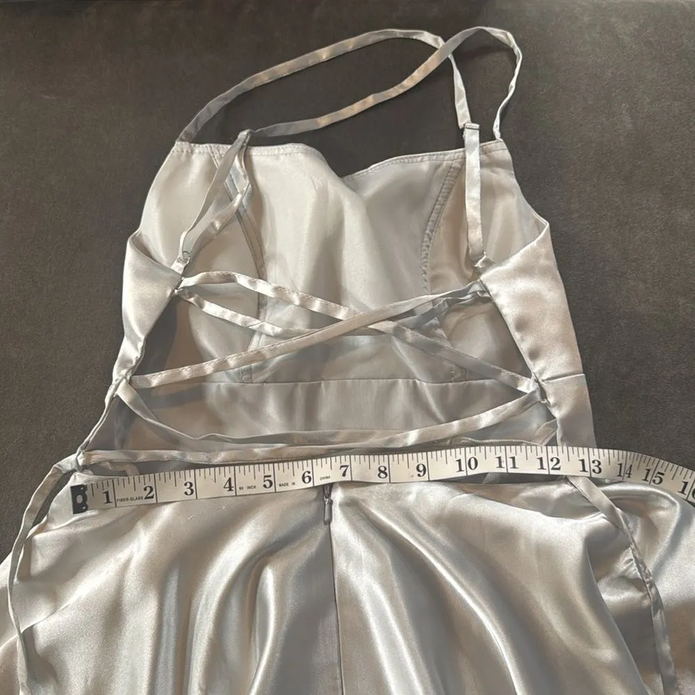 Women’s Silver Satin Short Prom Party Dress Spaghetti Straps Size 6 *READ - Image 7