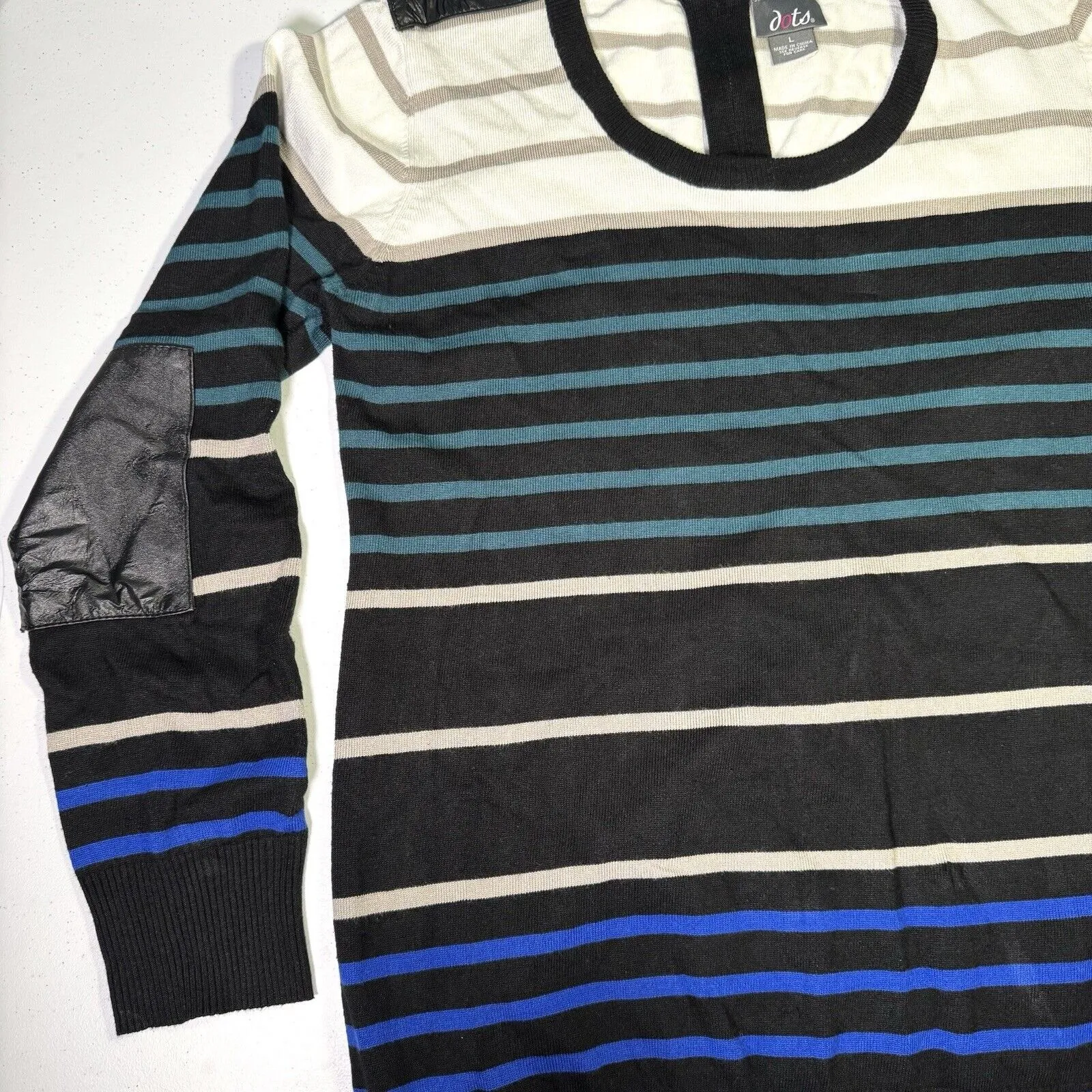 Dots Brand, Women's‎ Large Striped Blue Green Edgy Fitted Dress above the Knee - Image 3