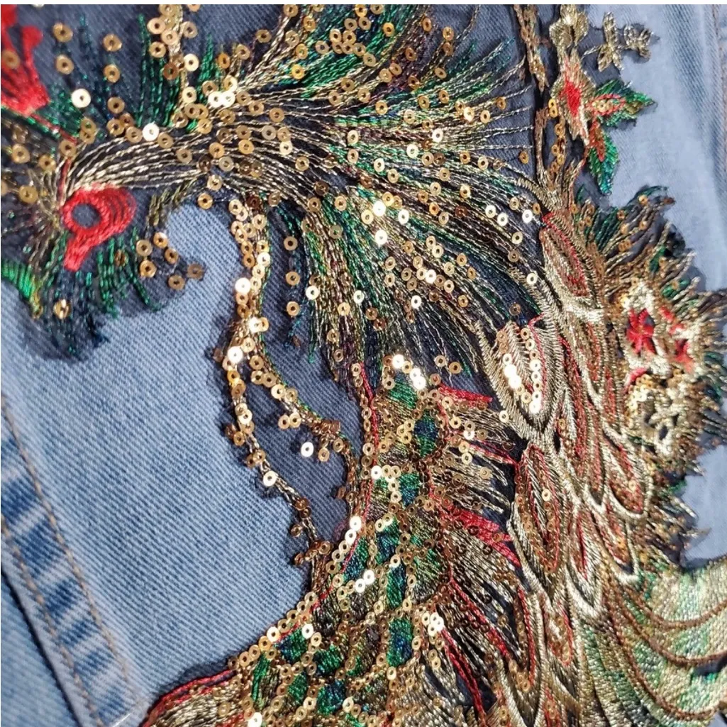 one 5 one Denim Jacket with AMAZING Peacock embroidery and sequins - Image 6