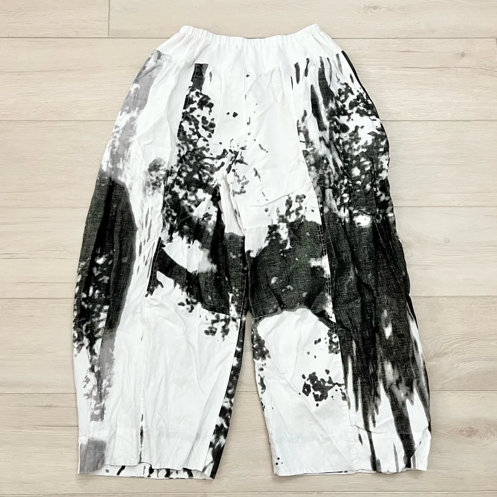 Banana Blue Abstract Paint Patterned Wide Balloon Leg Pull On Pants Size Large White - Image 3