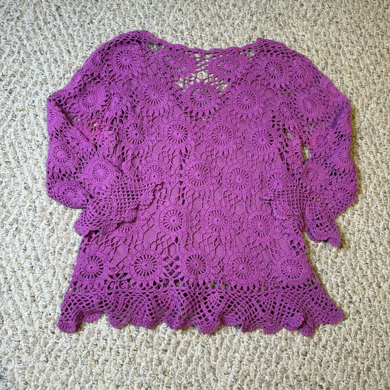 Vintage Y2K 90s Casual Purple Crochet Boho Indie Hippie Festival V Neck Top S/M - Image 2