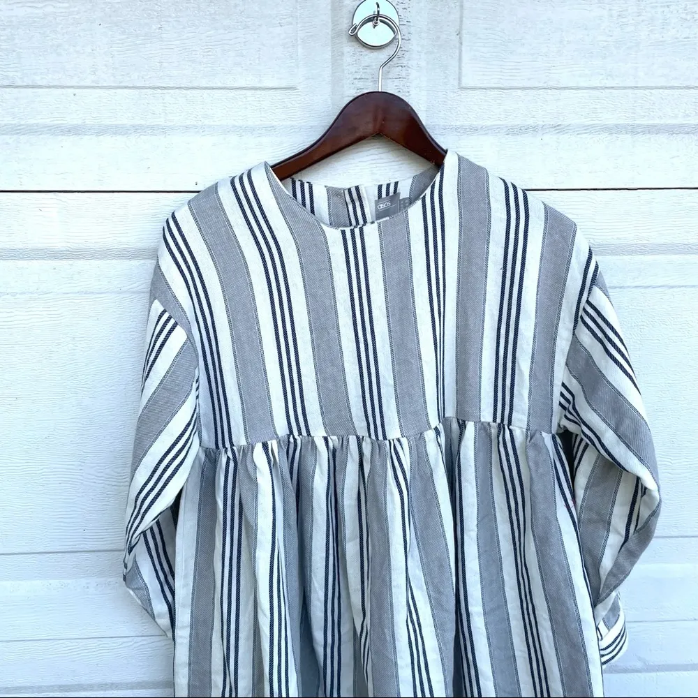 ASOS Women’s Dress Beige Blue Stripe Woven Button Back Farmhouse 6 - Image 4