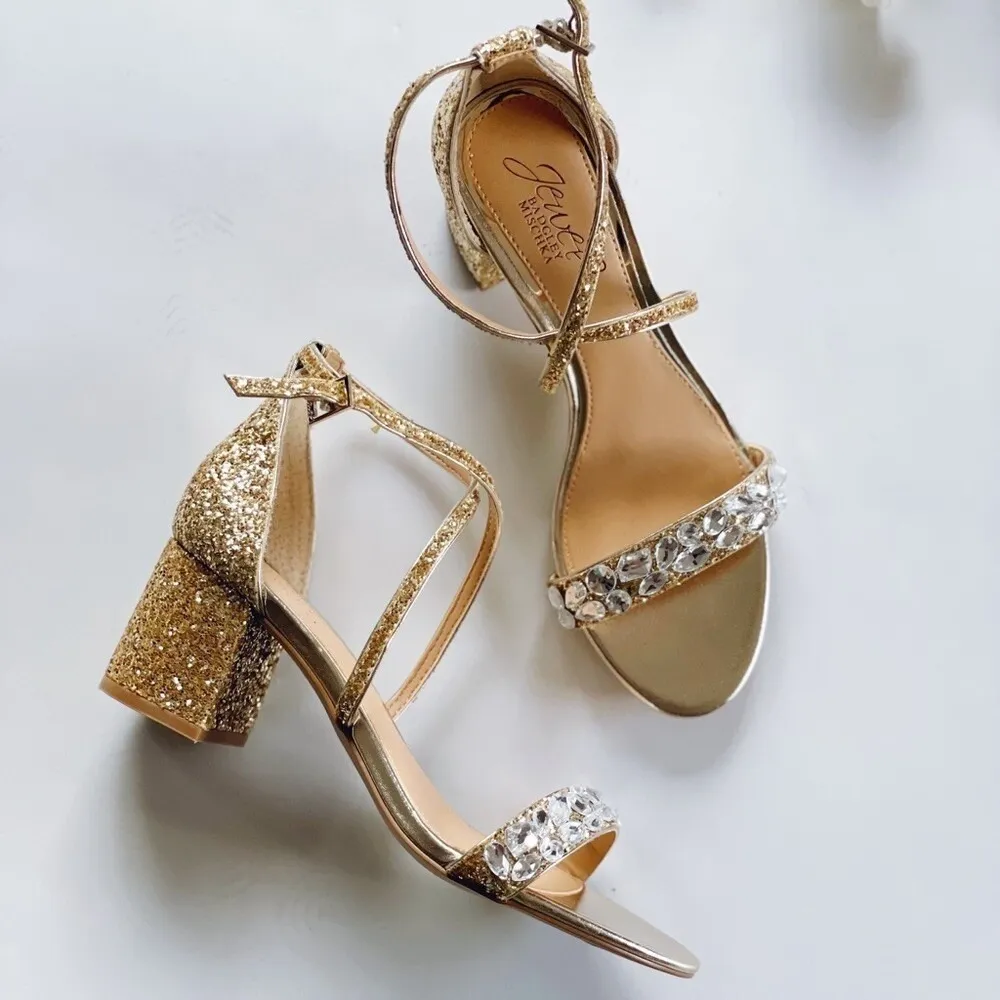 NEW Jewel By Badgley Mischka Women's Glitter Low Block Gold High Heel Sandal 5.5 - Image 9