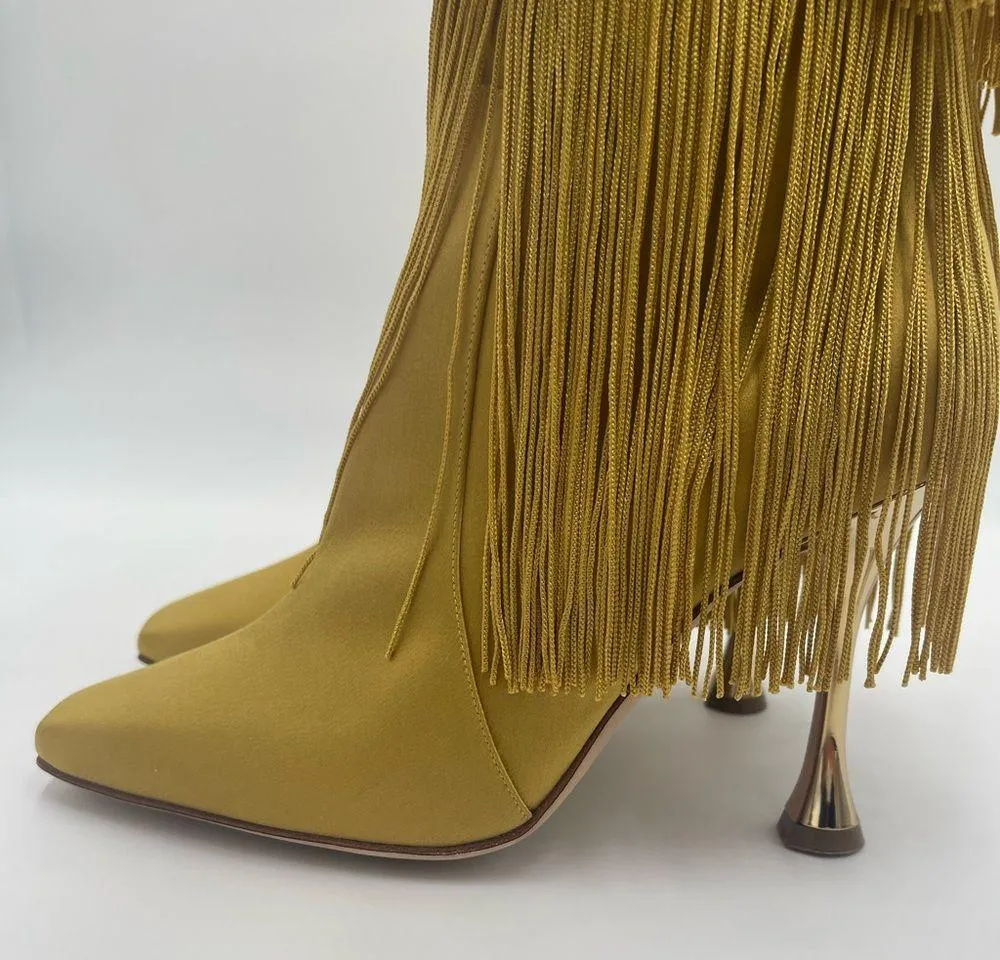 MANOLO BLAHNIK FLEQUILLOHI Yellow Satin Fringe Detail Knee High Boots 105mm - Image 7