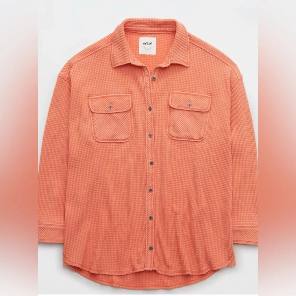 Aerie Coral Waffle LumberJane Waffle Knit Button Up Tunic Shirt Jacket L - Image 3