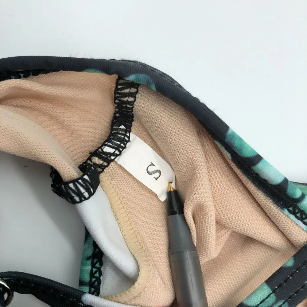 Womens Floral Bikini Top Keyhole Strappy Black Green S - Image 3