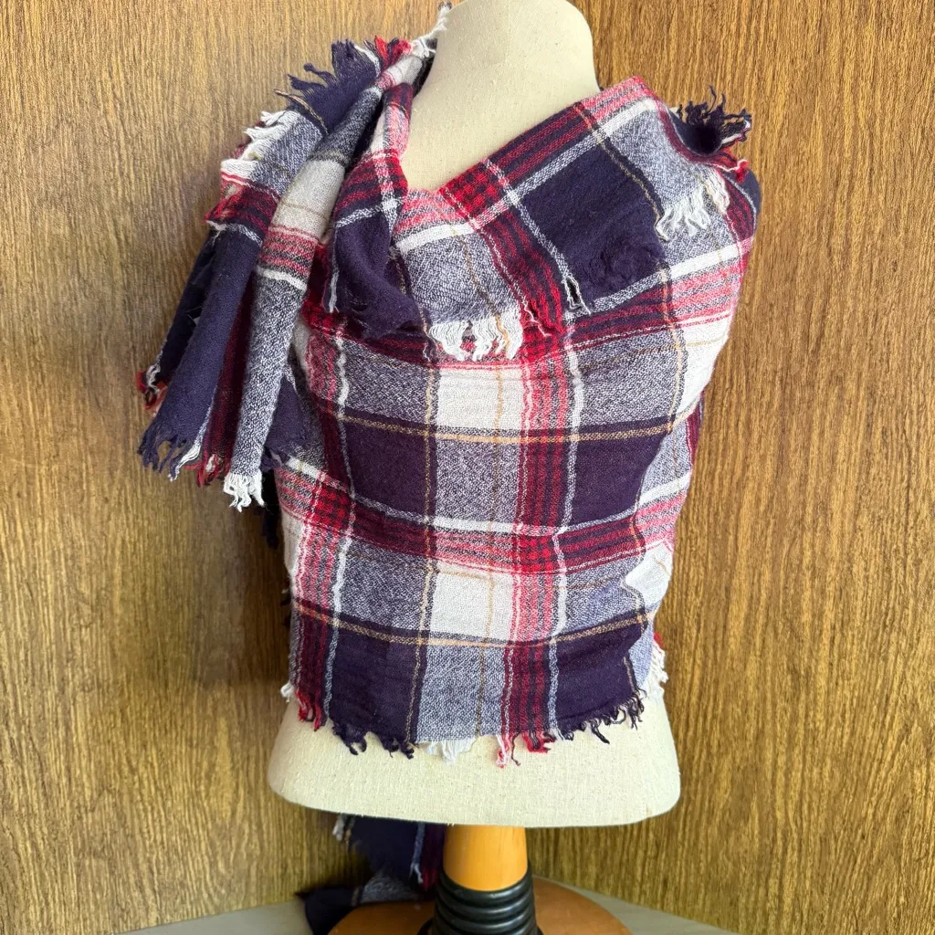 Madewell Range Plaid 100% Wool Scarf Red Navy Cream Tartan Fringe 25x72 Academia - Image 4