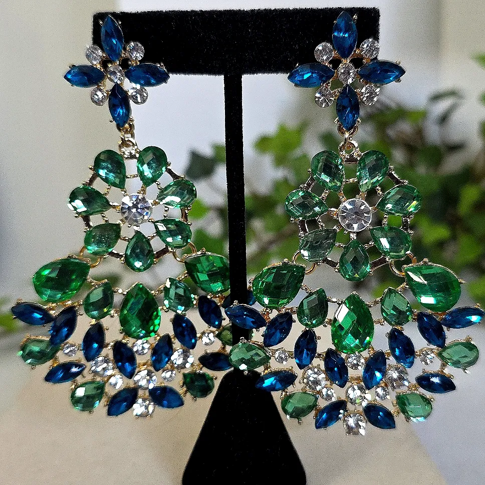 Large Statement Earrings Gold and Teal Blue with Green Chandalier - Image 5