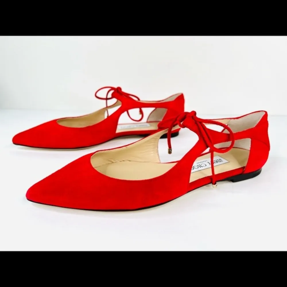 Jimmy Choo Vanessa Flat Red Suede Strap Lace Pointed Toe Ballet Flats Size 36.5 - Image 11