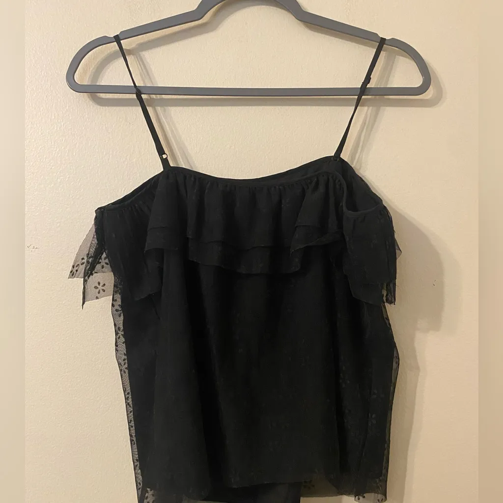 Womens J. Crew Black Spaghetti Strap‎ Ruffle Lace Cover Tank Top Size Small - Image 2