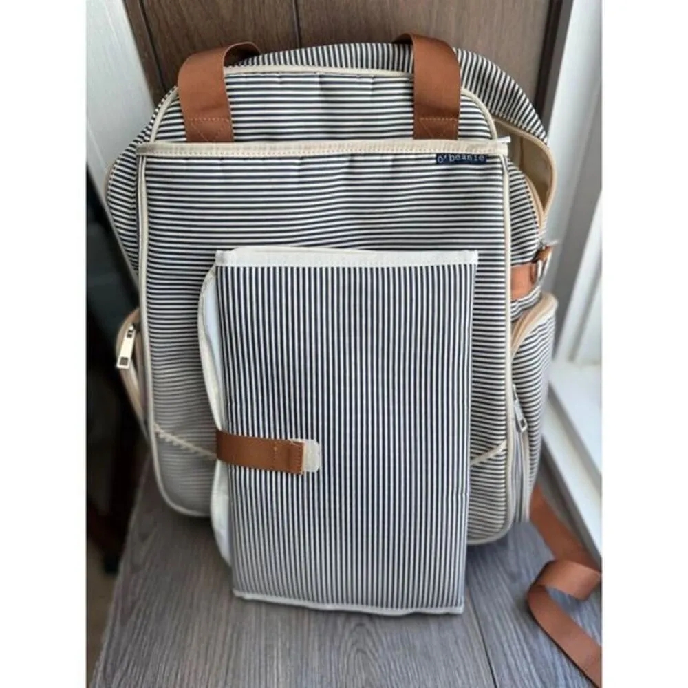 O'Beanie Striped Diaper Bag Backpack Navy‎ White With Changing Pad Blue - Image 3