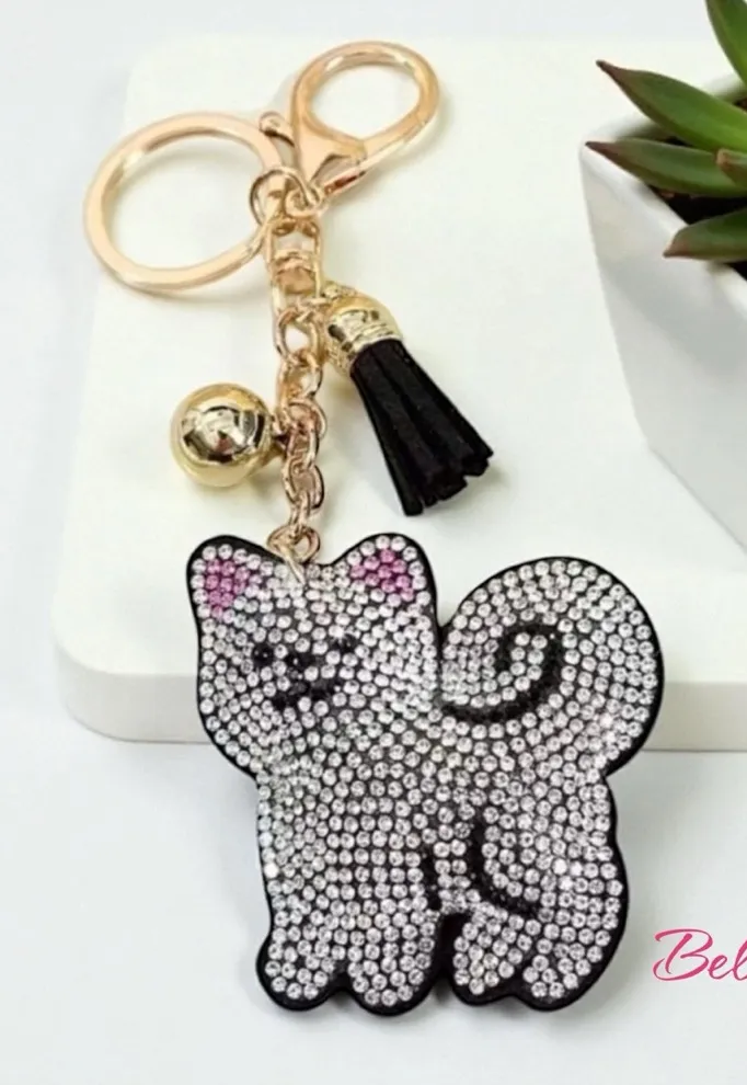 White Cat Felt Puffy Sparkling Tassel Keychain w/ Rhinestones / bag charm NEW Silver - Image 1