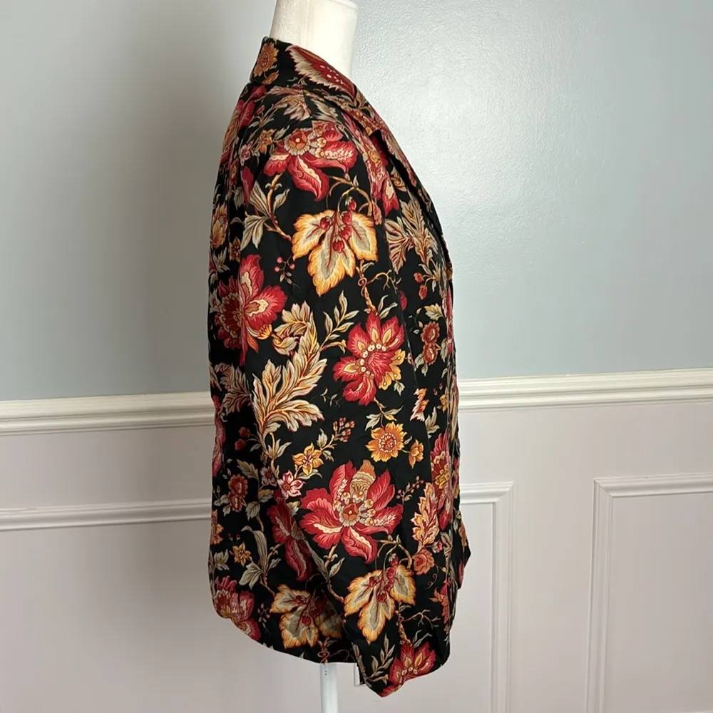 Talbots Women’s Sz 10 Black Orange Red Autumn Floral Button Jacket Blazer Coat - Image 7