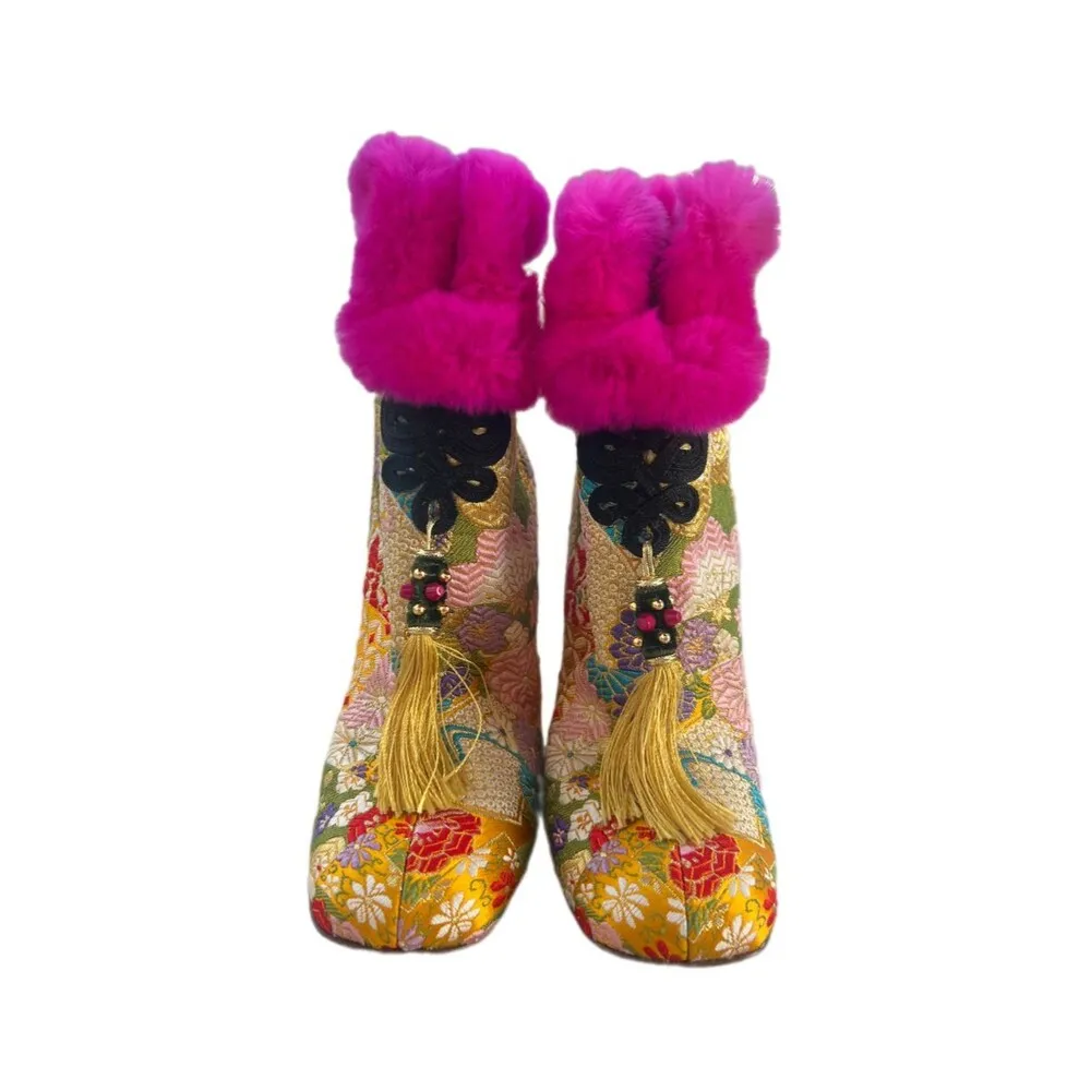 Christian Louboutin May Wong 100 Floral & Rabbit Fur Block Heel Booties - Image 2