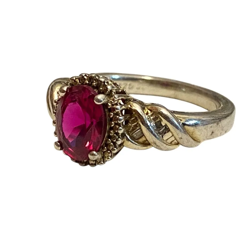 Sterling Silver Ruby & Natural Diamond Halo Ring 925 Oval Cut Band Anniversary - Image 3