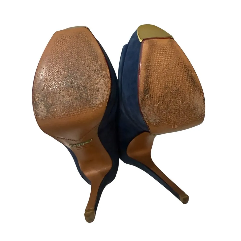 Schutz Navy Suede Peep Toe Platform Heels Gold Tip Size 6B / EU 37 - Image 5